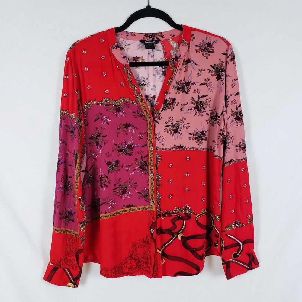 Desigual Bohemian Eclectic Mixed Print Patchwork Top Womens L Artsy Button Front